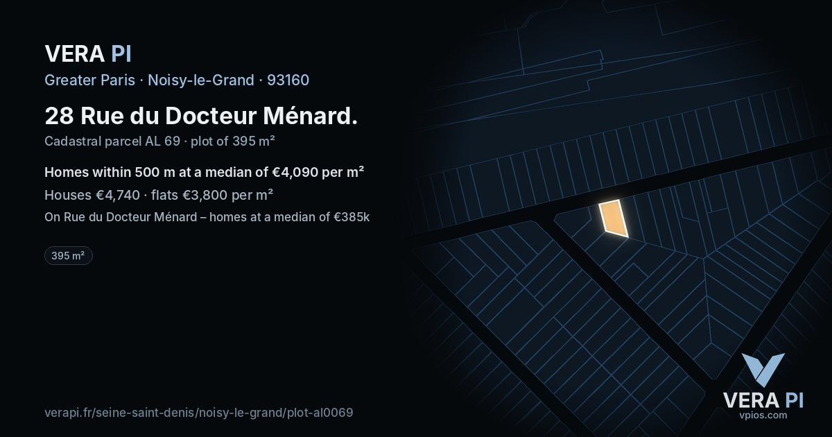 28 Rue du Docteur Ménard, Noisy-le-Grand at night – the plot lit, the parcels around coloured by the prices near them