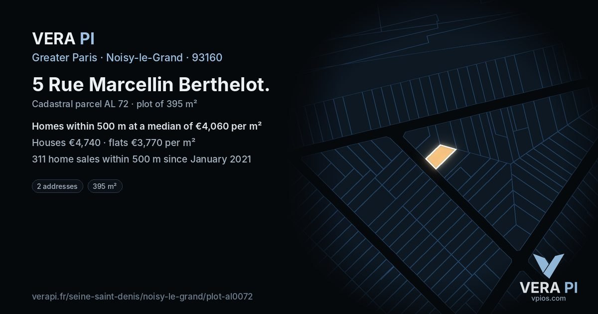 5 Rue Marcellin Berthelot, Noisy-le-Grand at night – the plot lit, the parcels around coloured by the prices near them