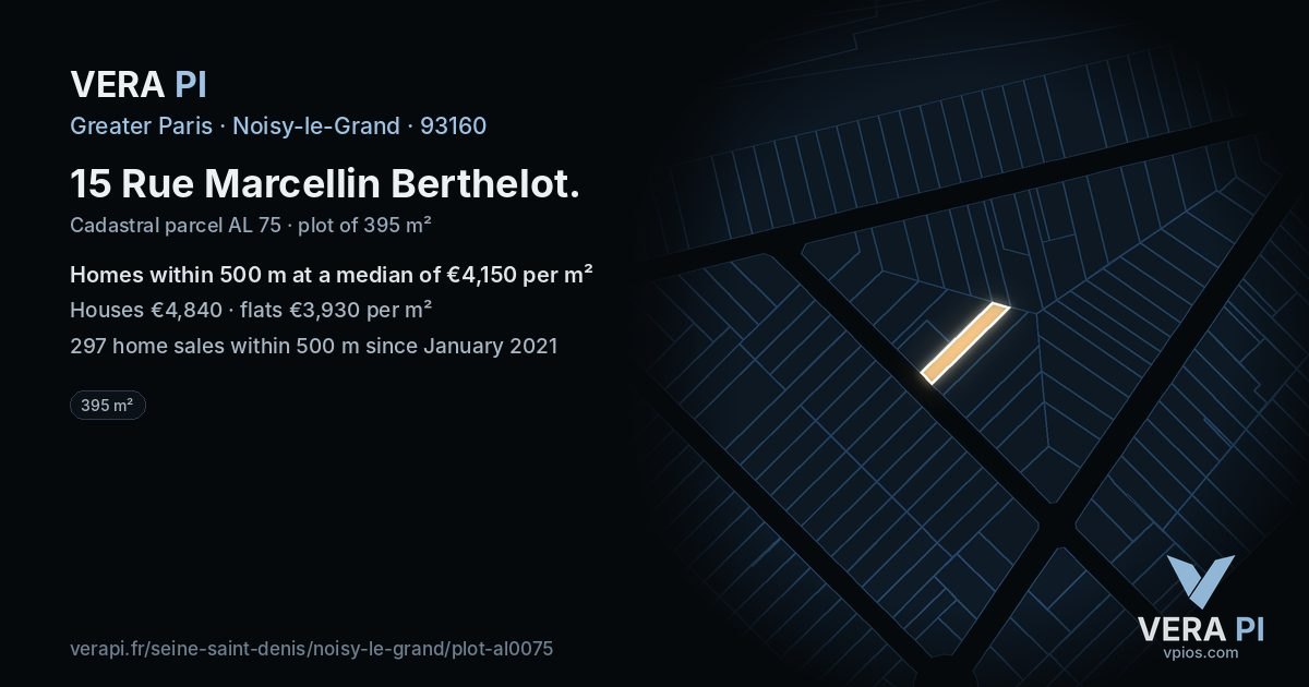 15 Rue Marcellin Berthelot, Noisy-le-Grand at night – the plot lit, the parcels around coloured by the prices near them