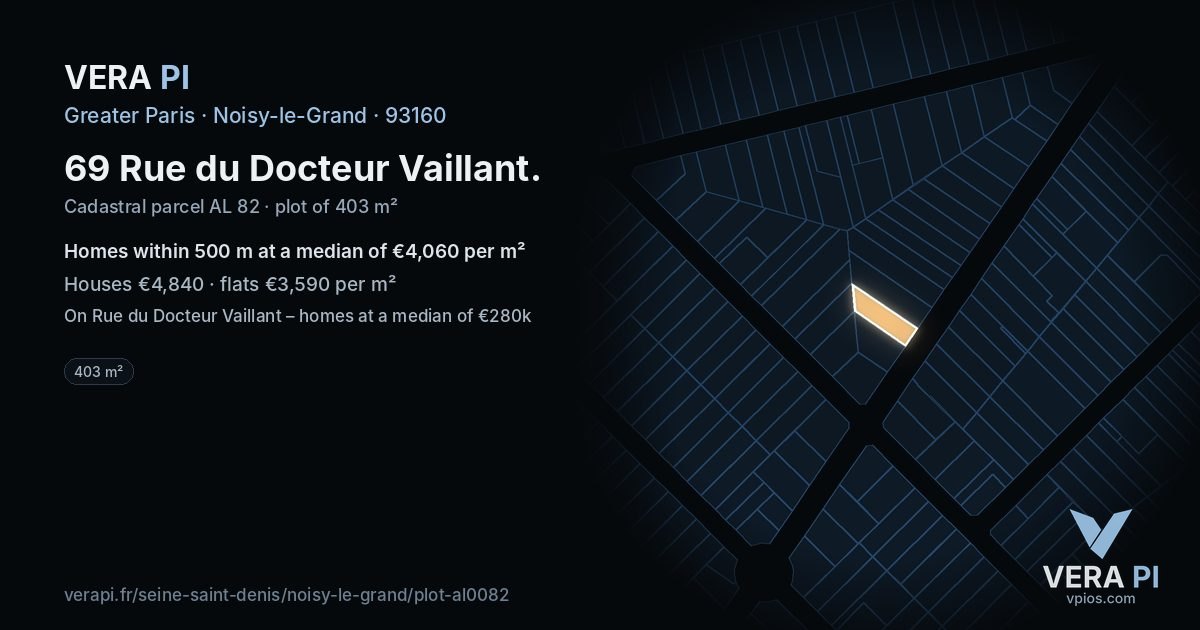 69 Rue du Docteur Vaillant, Noisy-le-Grand at night – the plot lit, the parcels around coloured by the prices near them