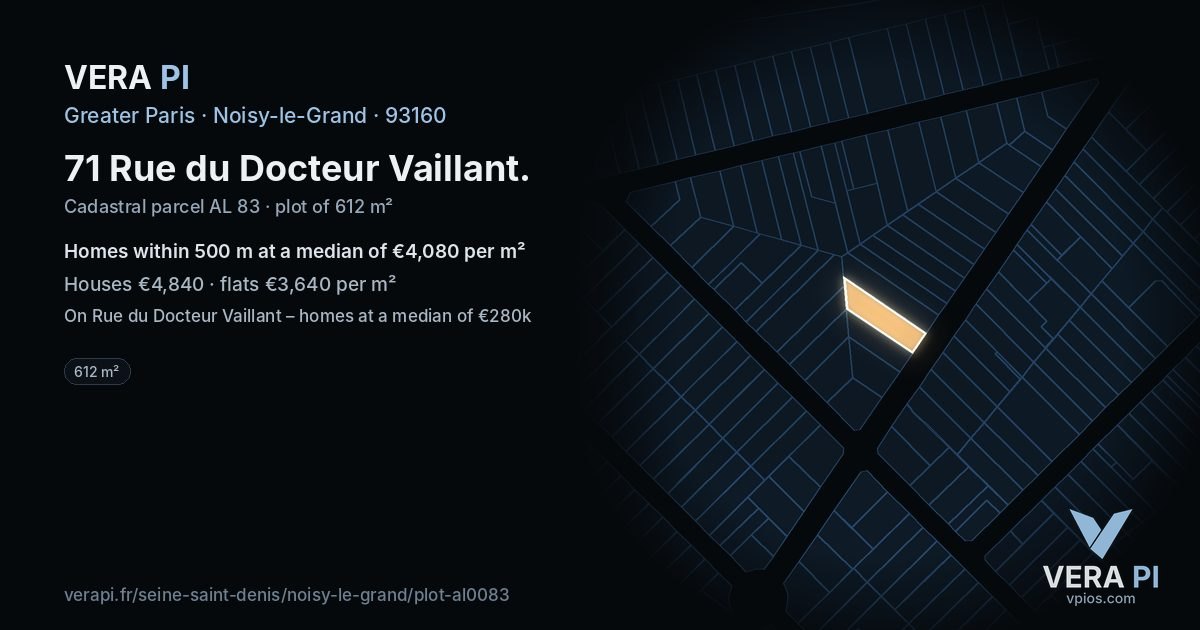 71 Rue du Docteur Vaillant, Noisy-le-Grand at night – the plot lit, the parcels around coloured by the prices near them