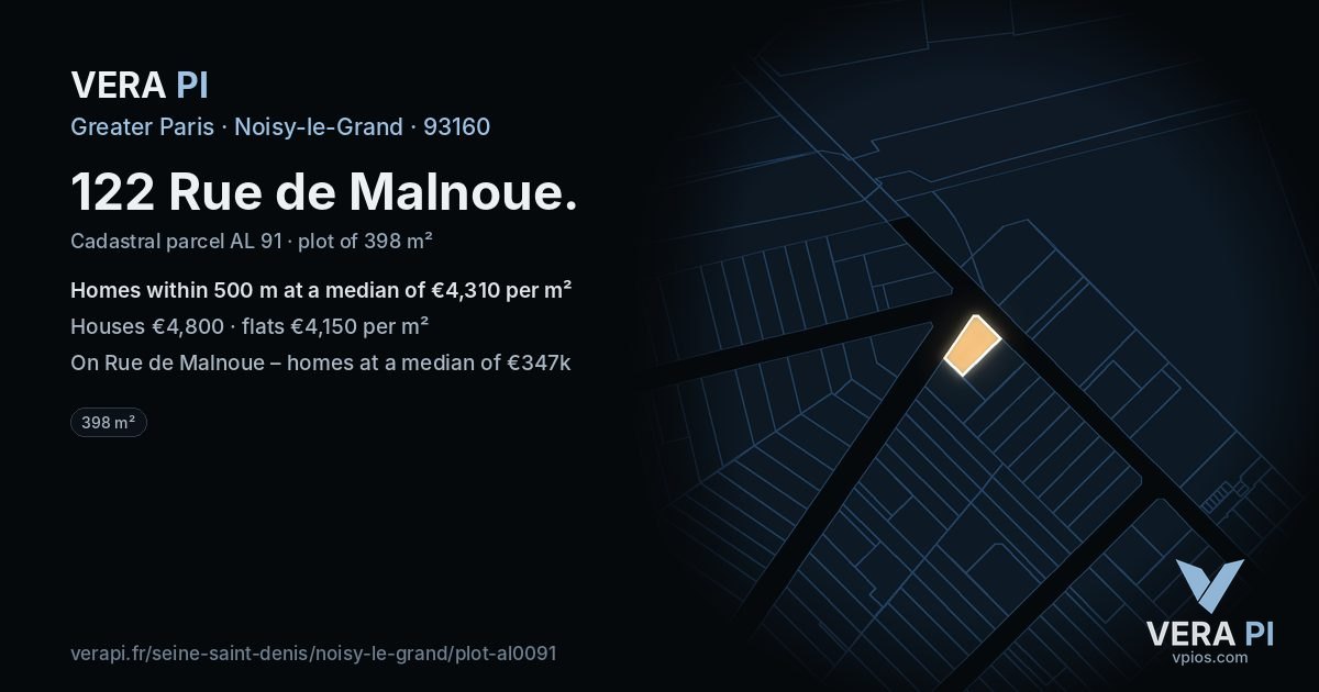122 Rue de Malnoue, Noisy-le-Grand at night – the plot lit, the parcels around coloured by the prices near them