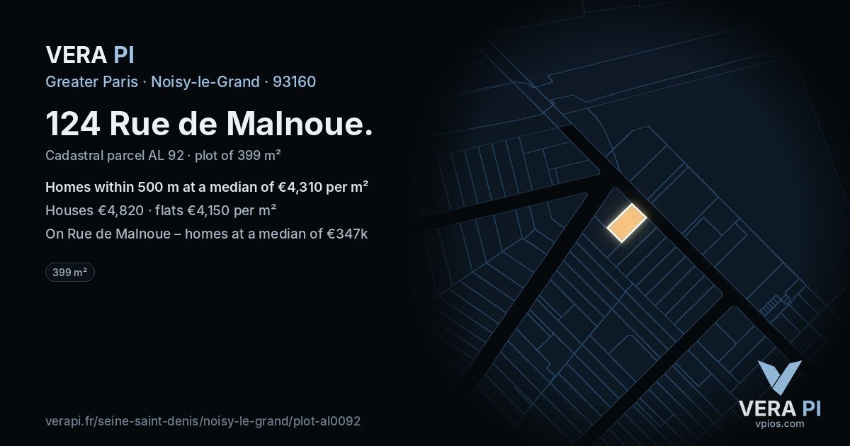 124 Rue de Malnoue, Noisy-le-Grand at night – the plot lit, the parcels around coloured by the prices near them
