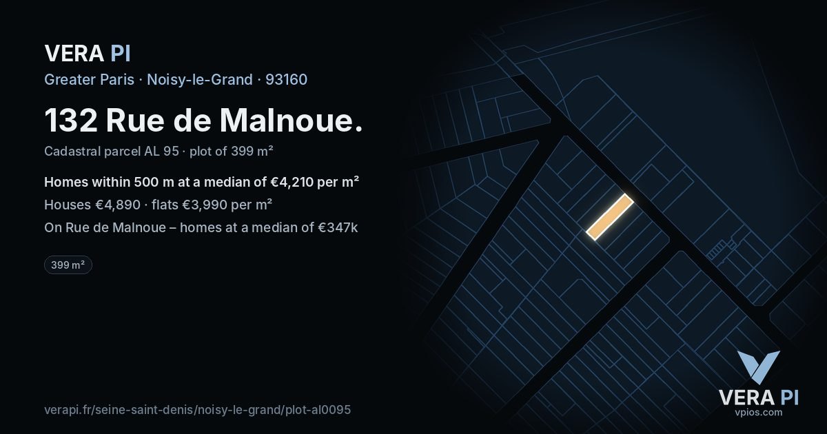 132 Rue de Malnoue, Noisy-le-Grand at night – the plot lit, the parcels around coloured by the prices near them
