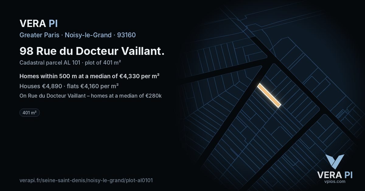 98 Rue du Docteur Vaillant, Noisy-le-Grand at night – the plot lit, the parcels around coloured by the prices near them