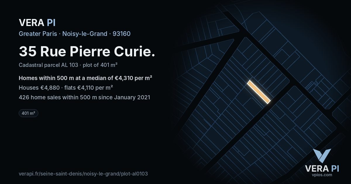 35 Rue Pierre Curie, Noisy-le-Grand at night – the plot lit, the parcels around coloured by the prices near them