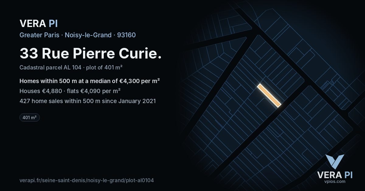 33 Rue Pierre Curie, Noisy-le-Grand at night – the plot lit, the parcels around coloured by the prices near them
