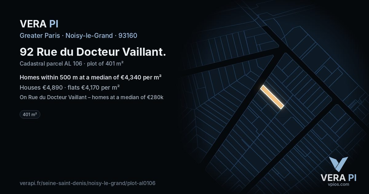 92 Rue du Docteur Vaillant, Noisy-le-Grand at night – the plot lit, the parcels around coloured by the prices near them