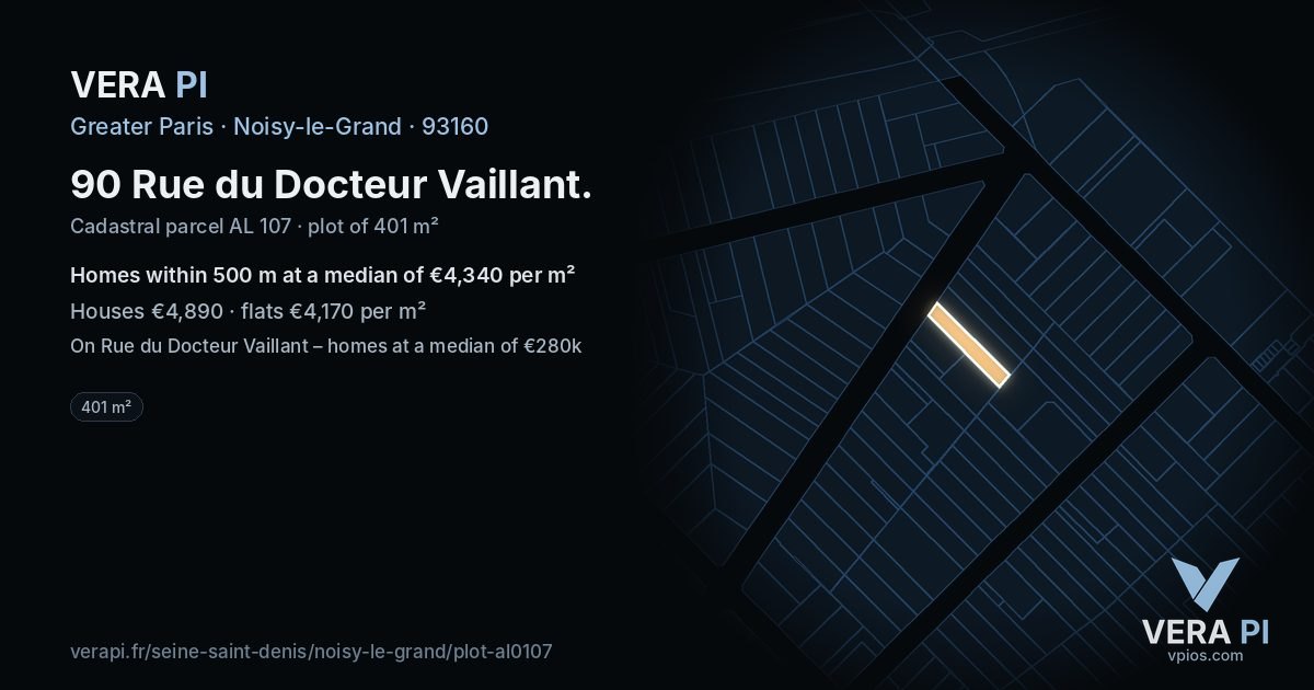 90 Rue du Docteur Vaillant, Noisy-le-Grand at night – the plot lit, the parcels around coloured by the prices near them