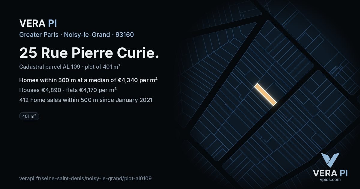 25 Rue Pierre Curie, Noisy-le-Grand at night – the plot lit, the parcels around coloured by the prices near them