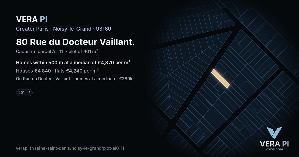 80 Rue du Docteur Vaillant, Noisy-le-Grand at night – the plot lit, the parcels around coloured by the prices near them