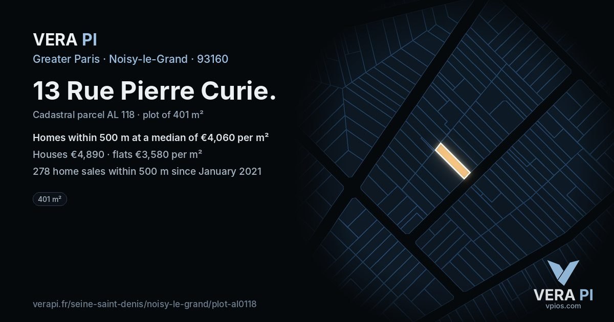 13 Rue Pierre Curie, Noisy-le-Grand at night – the plot lit, the parcels around coloured by the prices near them