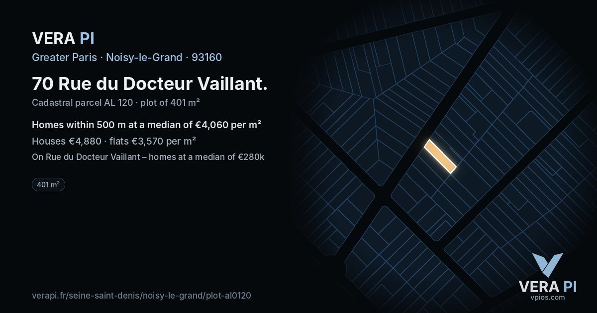 70 Rue du Docteur Vaillant, Noisy-le-Grand at night – the plot lit, the parcels around coloured by the prices near them