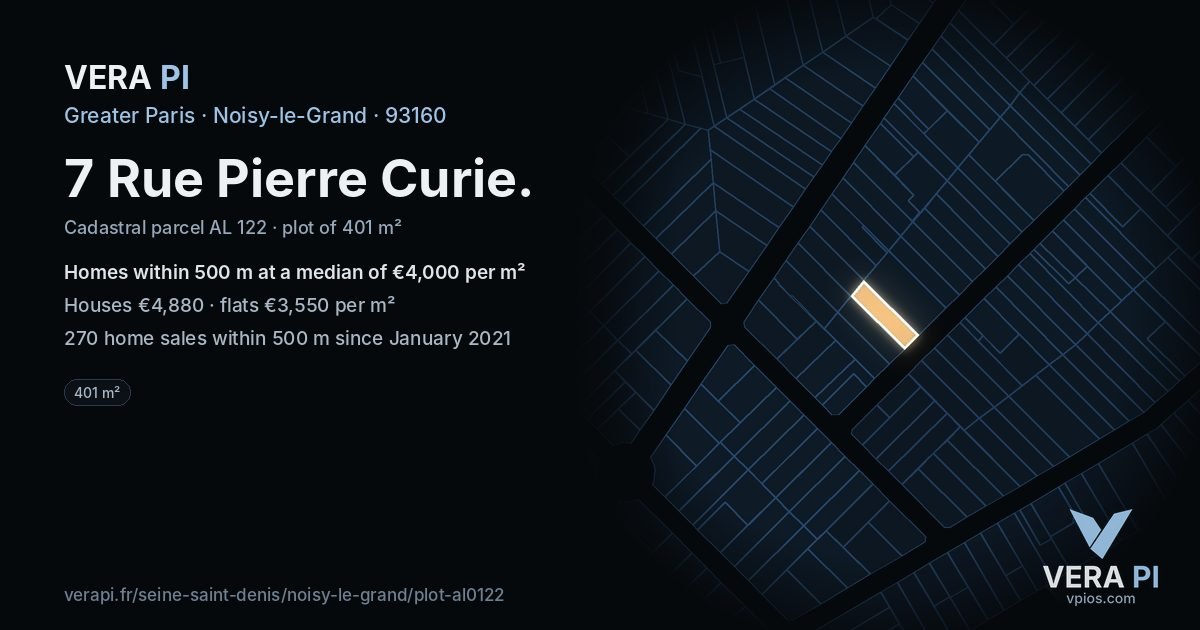 7 Rue Pierre Curie, Noisy-le-Grand at night – the plot lit, the parcels around coloured by the prices near them