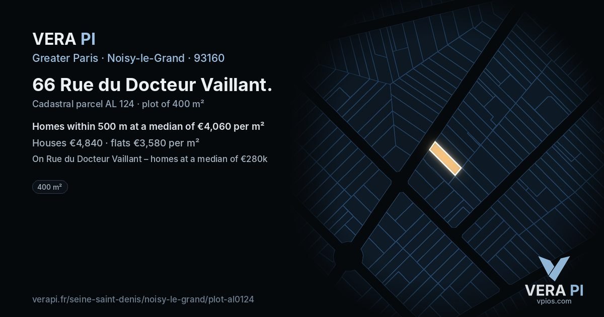 66 Rue du Docteur Vaillant, Noisy-le-Grand at night – the plot lit, the parcels around coloured by the prices near them