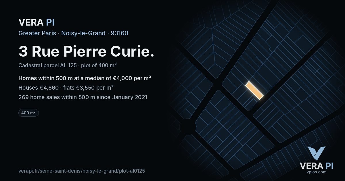 3 Rue Pierre Curie, Noisy-le-Grand at night – the plot lit, the parcels around coloured by the prices near them