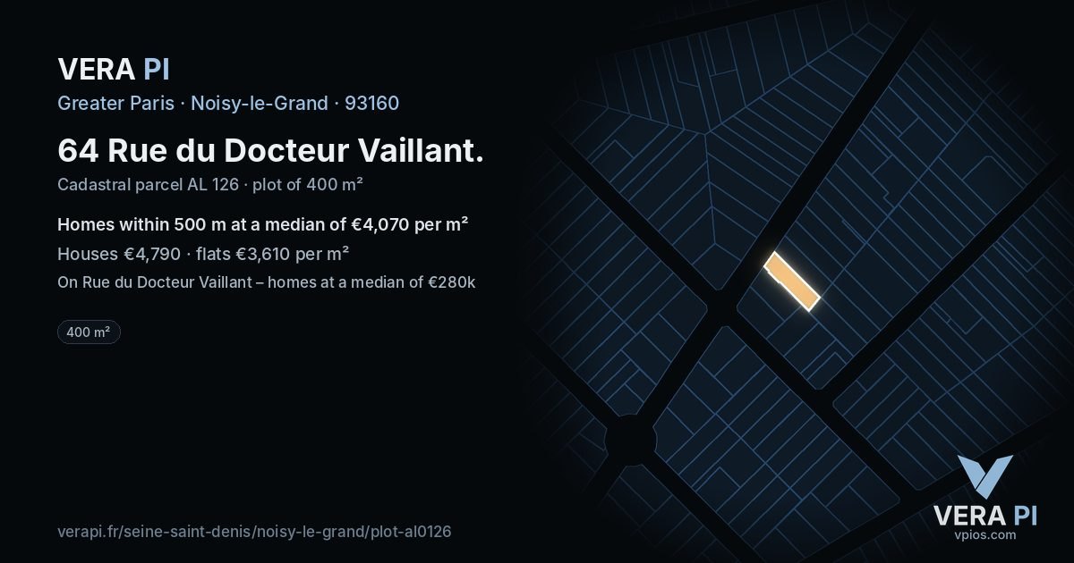 64 Rue du Docteur Vaillant, Noisy-le-Grand at night – the plot lit, the parcels around coloured by the prices near them