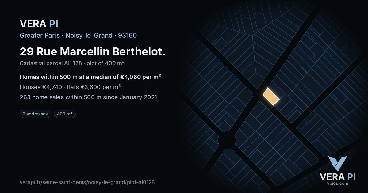 29 Rue Marcellin Berthelot, Noisy-le-Grand at night – the plot lit, the parcels around coloured by the prices near them
