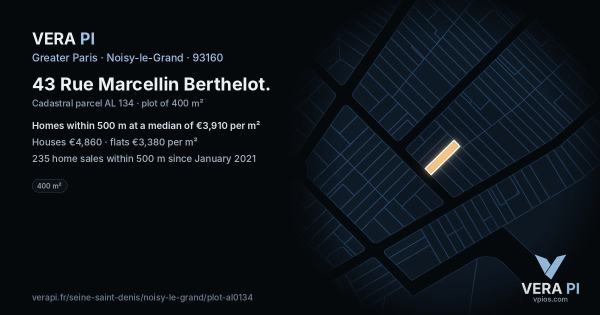 43 Rue Marcellin Berthelot, Noisy-le-Grand at night – the plot lit, the parcels around coloured by the prices near them