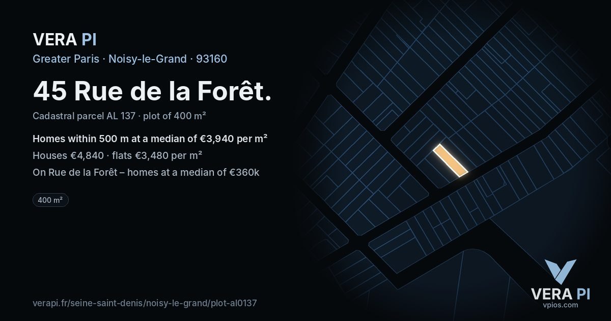 45 Rue de la Forêt, Noisy-le-Grand at night – the plot lit, the parcels around coloured by the prices near them