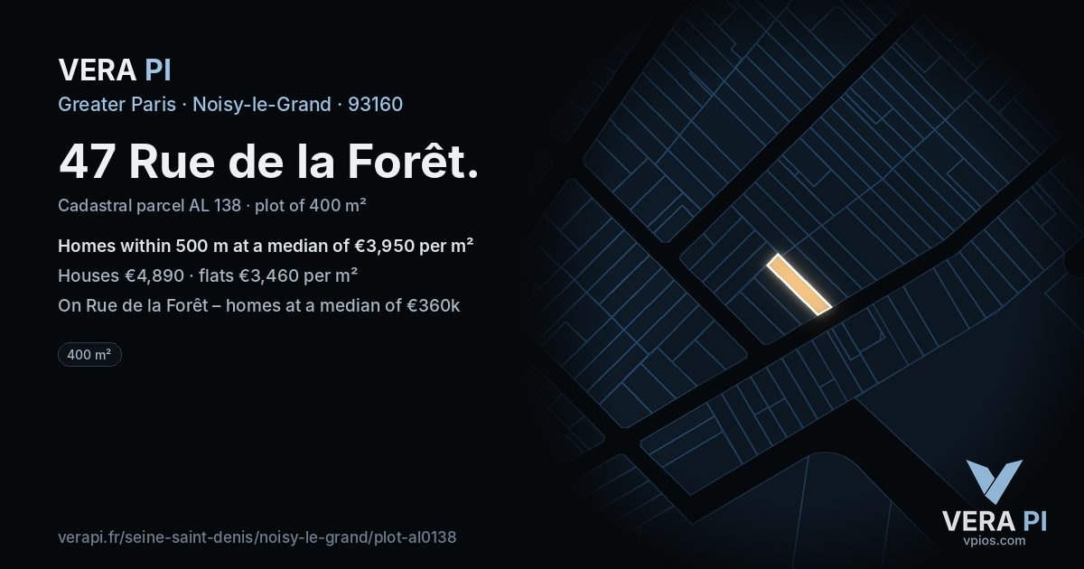 47 Rue de la Forêt, Noisy-le-Grand at night – the plot lit, the parcels around coloured by the prices near them