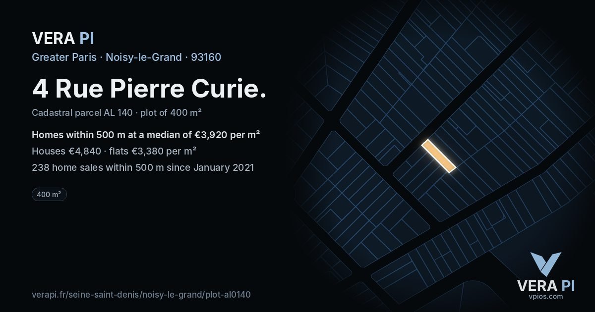 4 Rue Pierre Curie, Noisy-le-Grand at night – the plot lit, the parcels around coloured by the prices near them