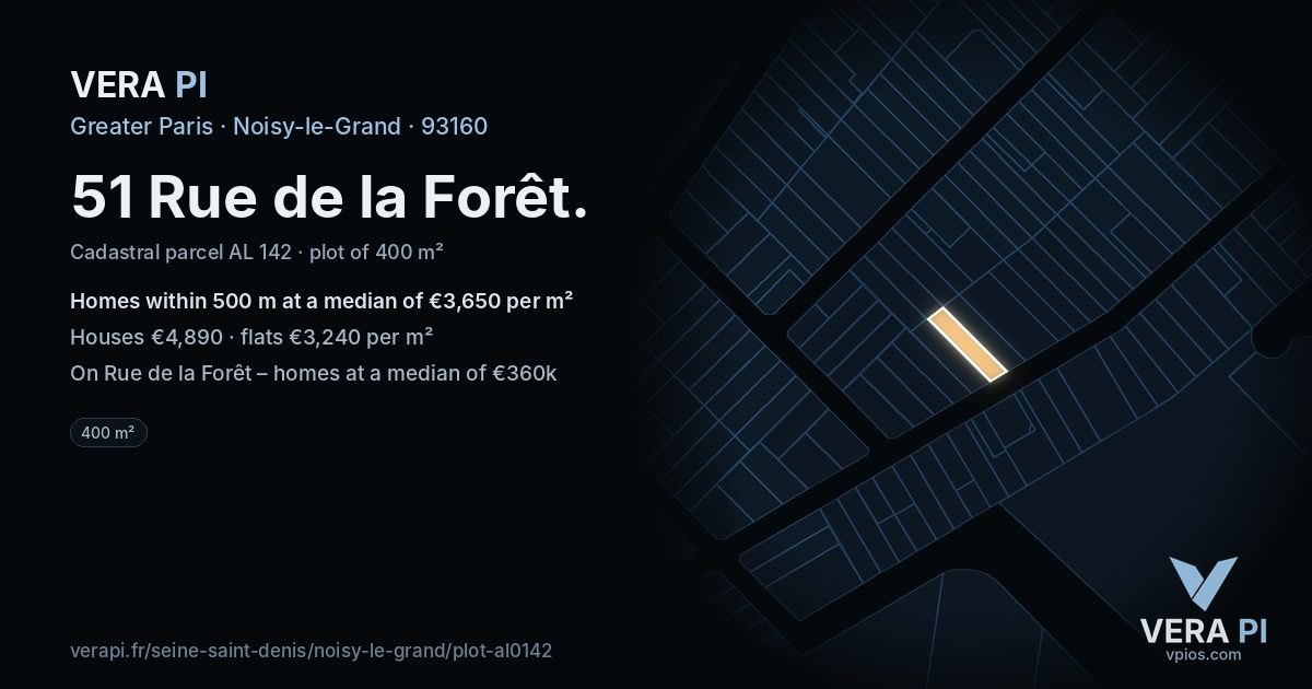 51 Rue de la Forêt, Noisy-le-Grand at night – the plot lit, the parcels around coloured by the prices near them