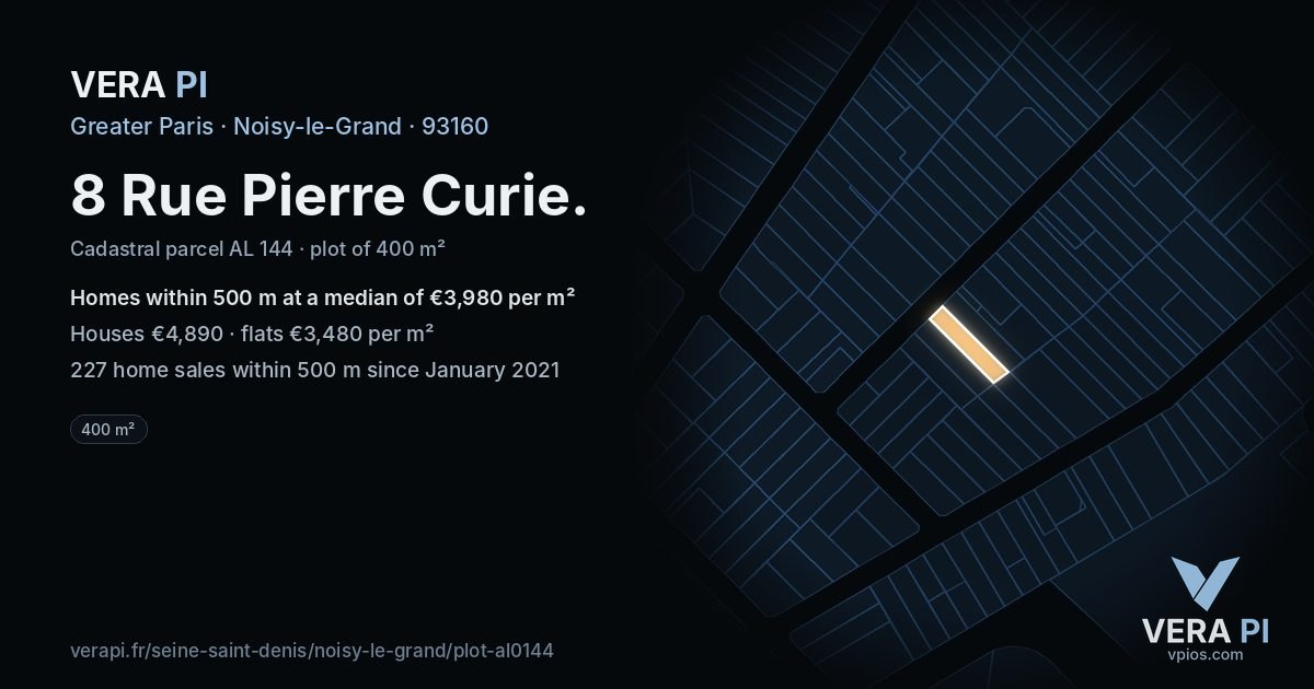 8 Rue Pierre Curie, Noisy-le-Grand at night – the plot lit, the parcels around coloured by the prices near them