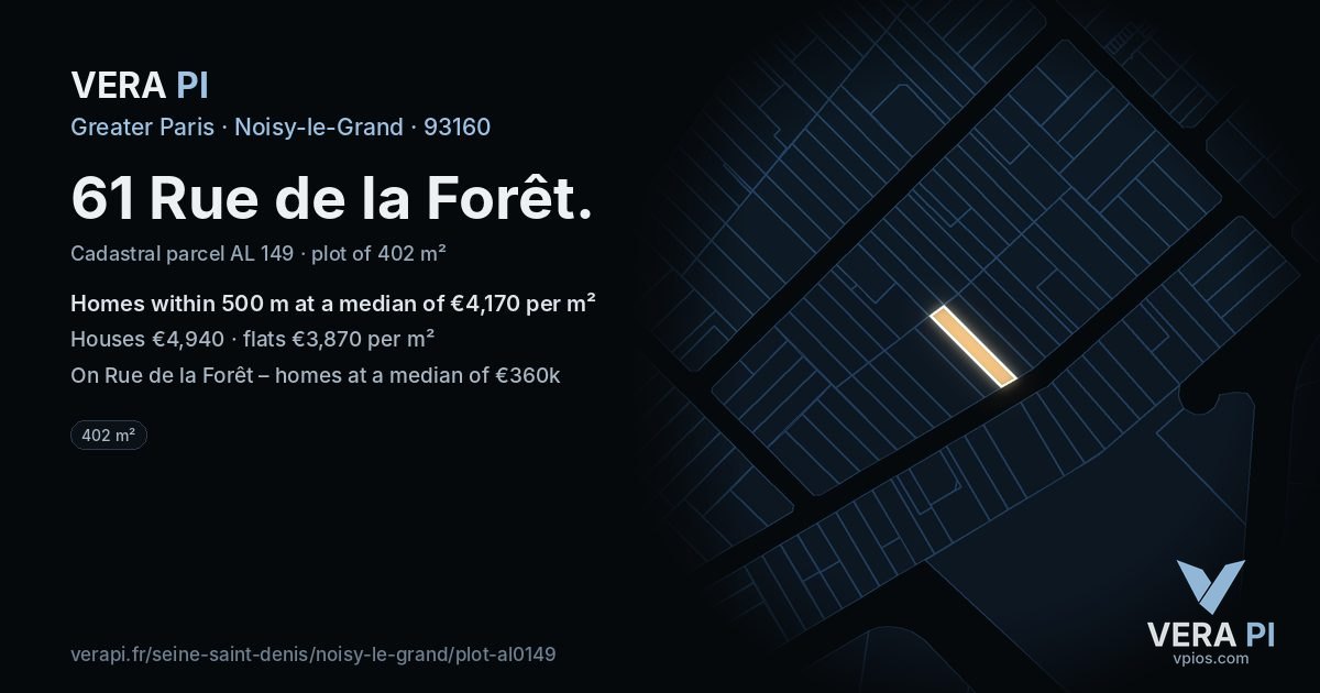 61 Rue de la Forêt, Noisy-le-Grand at night – the plot lit, the parcels around coloured by the prices near them