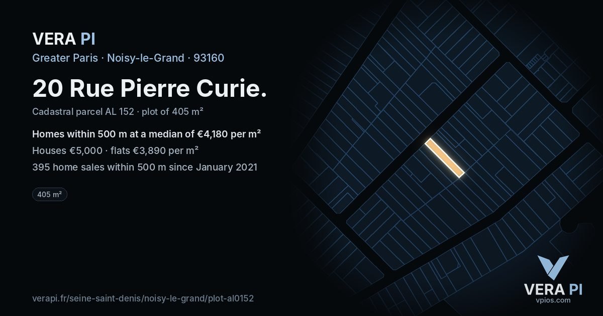 20 Rue Pierre Curie, Noisy-le-Grand at night – the plot lit, the parcels around coloured by the prices near them