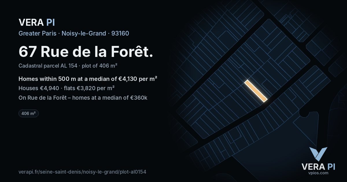 67 Rue de la Forêt, Noisy-le-Grand at night – the plot lit, the parcels around coloured by the prices near them