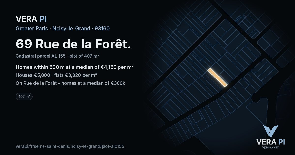 69 Rue de la Forêt, Noisy-le-Grand at night – the plot lit, the parcels around coloured by the prices near them