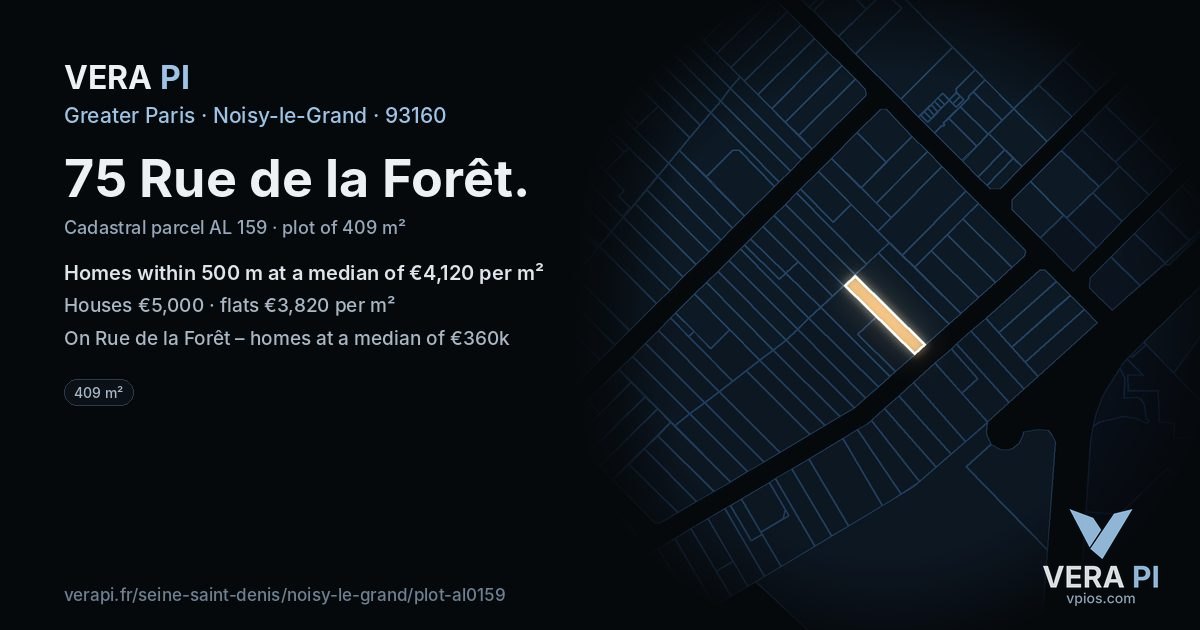 75 Rue de la Forêt, Noisy-le-Grand at night – the plot lit, the parcels around coloured by the prices near them