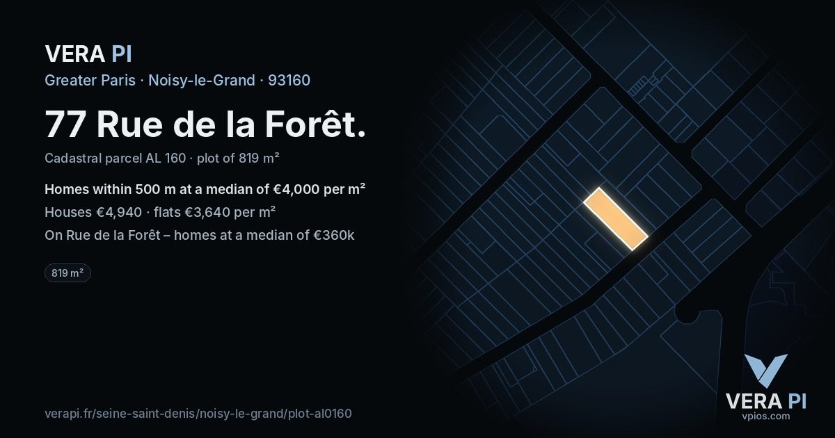 77 Rue de la Forêt, Noisy-le-Grand at night – the plot lit, the parcels around coloured by the prices near them