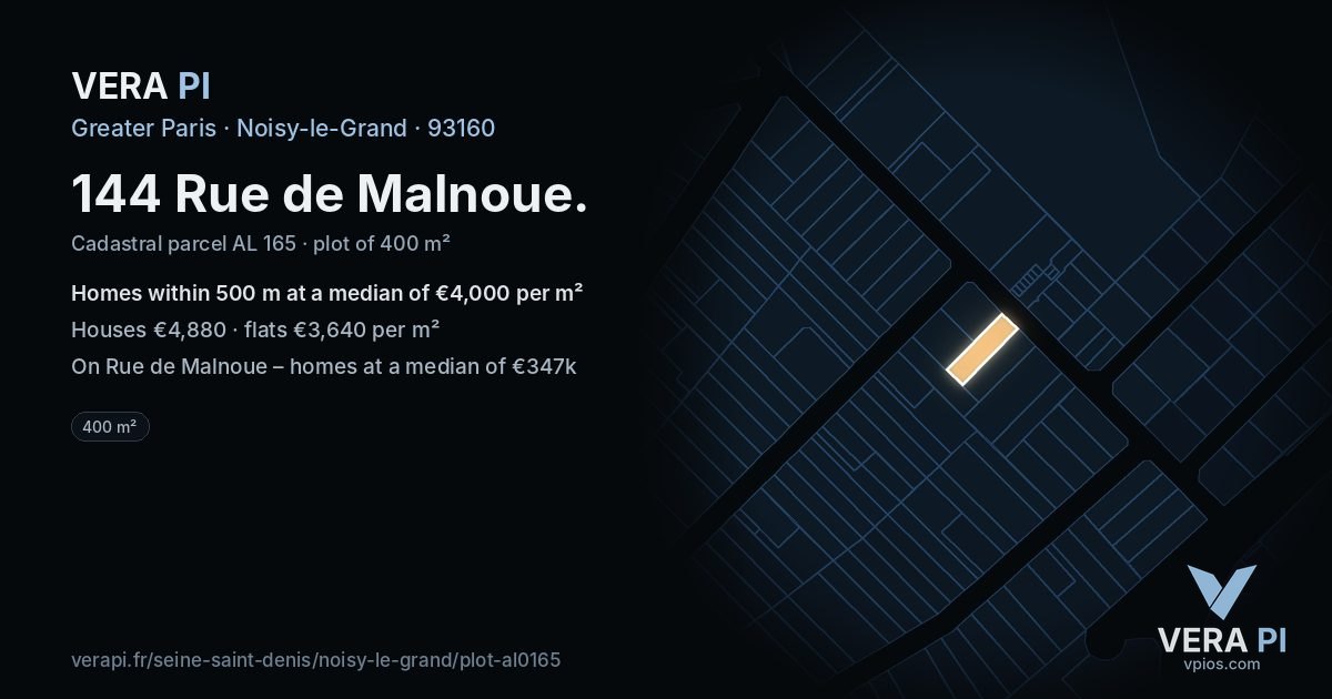 144 Rue de Malnoue, Noisy-le-Grand at night – the plot lit, the parcels around coloured by the prices near them