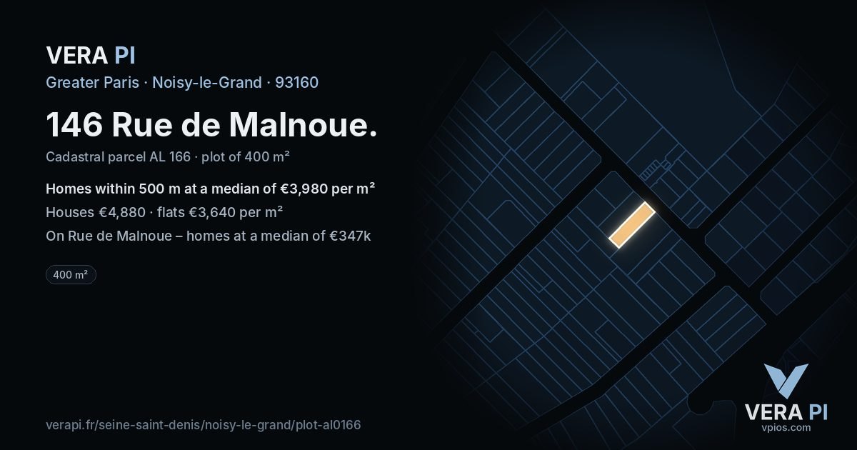146 Rue de Malnoue, Noisy-le-Grand at night – the plot lit, the parcels around coloured by the prices near them