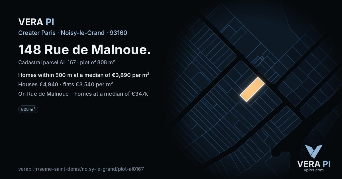 148 Rue de Malnoue, Noisy-le-Grand at night – the plot lit, the parcels around coloured by the prices near them