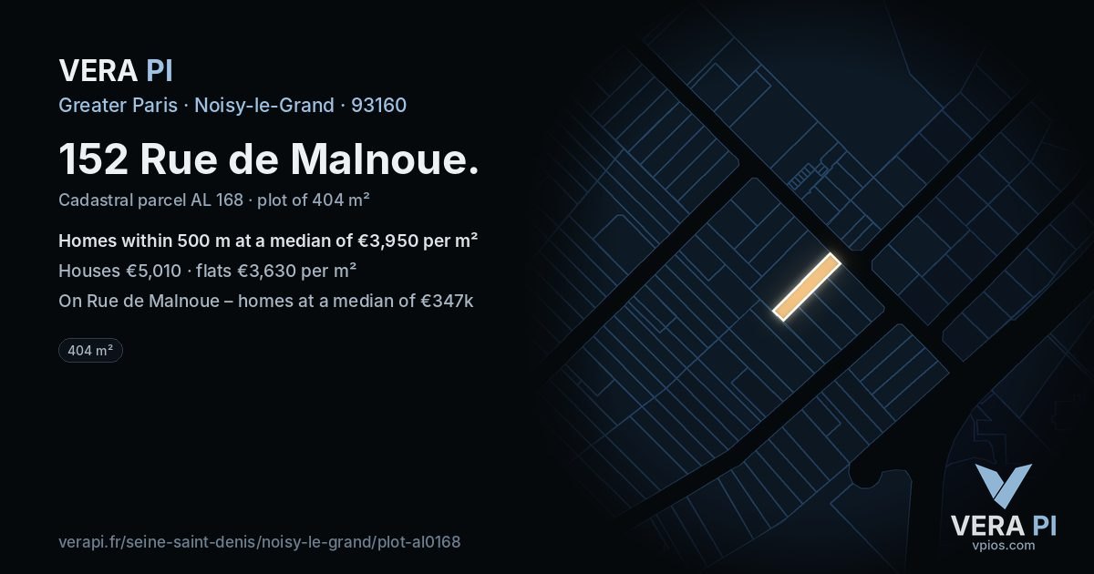 152 Rue de Malnoue, Noisy-le-Grand at night – the plot lit, the parcels around coloured by the prices near them