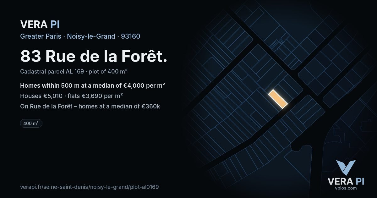 83 Rue de la Forêt, Noisy-le-Grand at night – the plot lit, the parcels around coloured by the prices near them