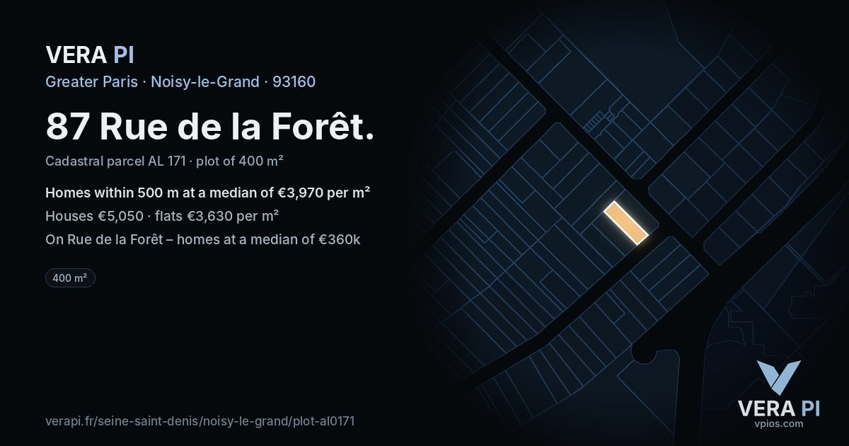 87 Rue de la Forêt, Noisy-le-Grand at night – the plot lit, the parcels around coloured by the prices near them