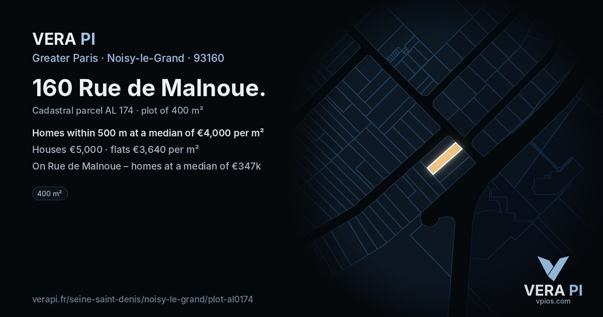 160 Rue de Malnoue, Noisy-le-Grand at night – the plot lit, the parcels around coloured by the prices near them