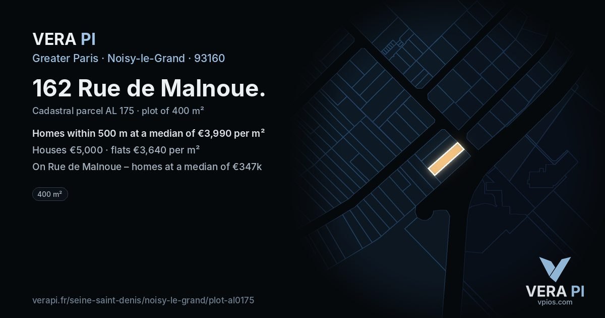 162 Rue de Malnoue, Noisy-le-Grand at night – the plot lit, the parcels around coloured by the prices near them