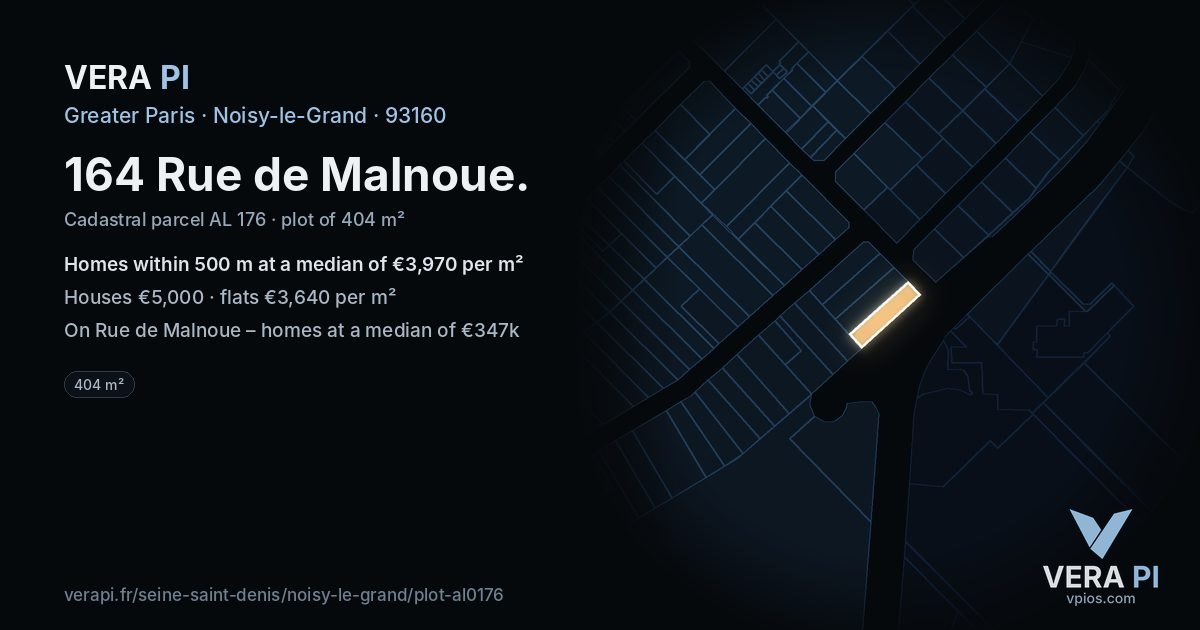 164 Rue de Malnoue, Noisy-le-Grand at night – the plot lit, the parcels around coloured by the prices near them
