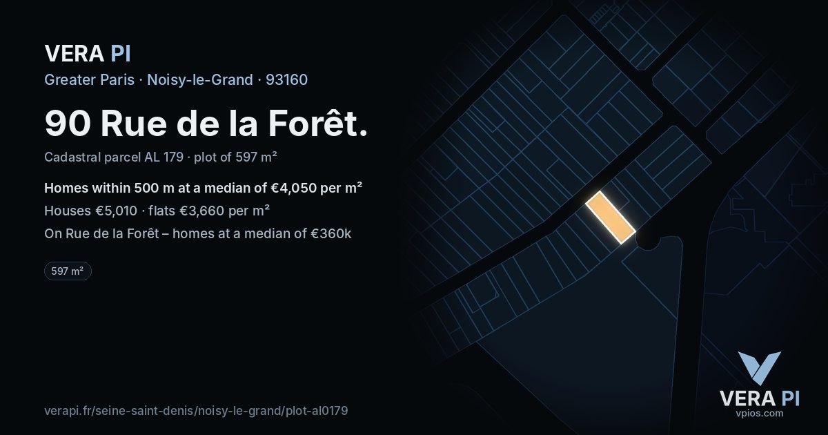 90 Rue de la Forêt, Noisy-le-Grand at night – the plot lit, the parcels around coloured by the prices near them