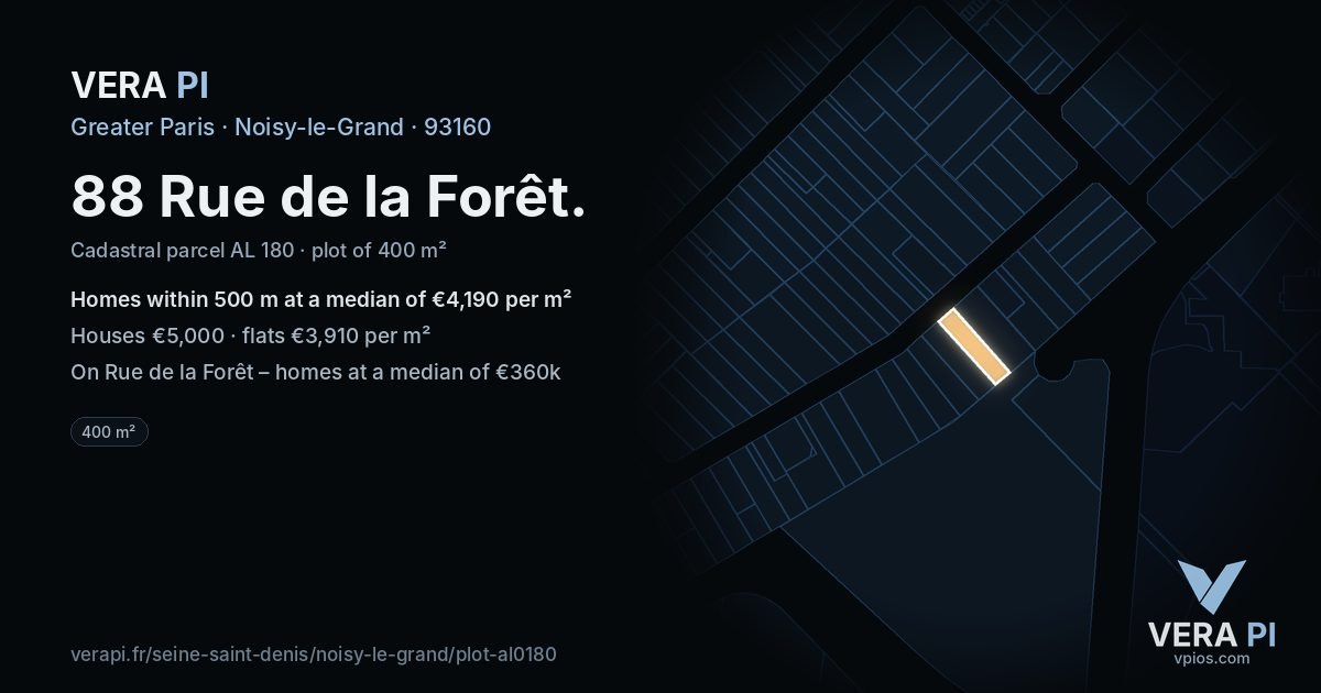 88 Rue de la Forêt, Noisy-le-Grand at night – the plot lit, the parcels around coloured by the prices near them