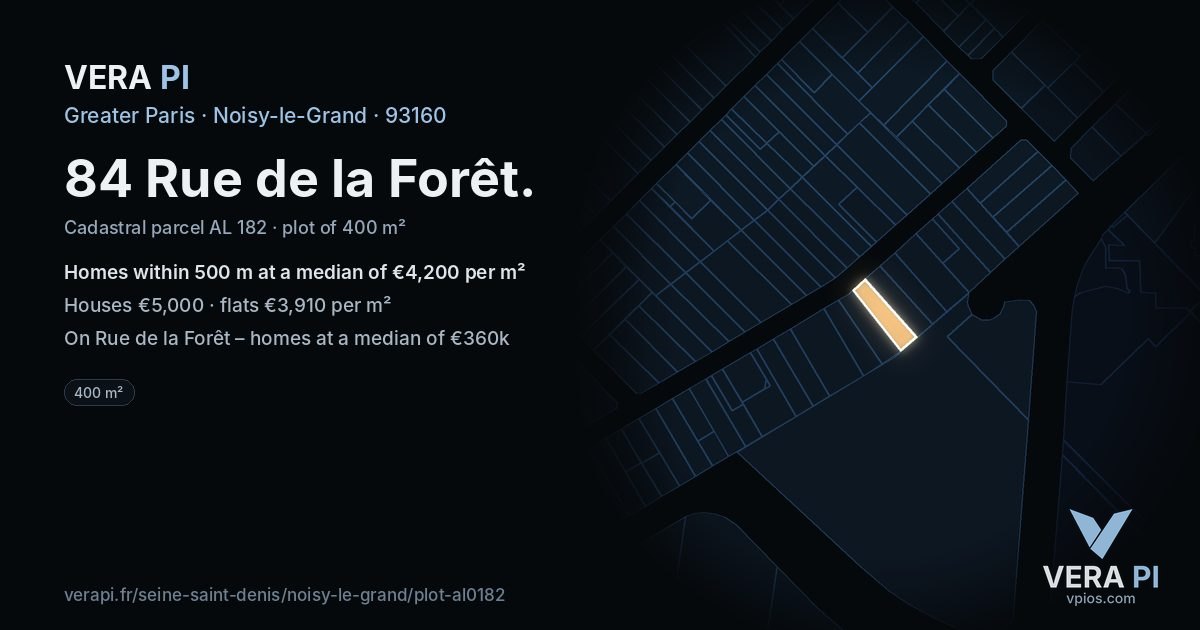 84 Rue de la Forêt, Noisy-le-Grand at night – the plot lit, the parcels around coloured by the prices near them