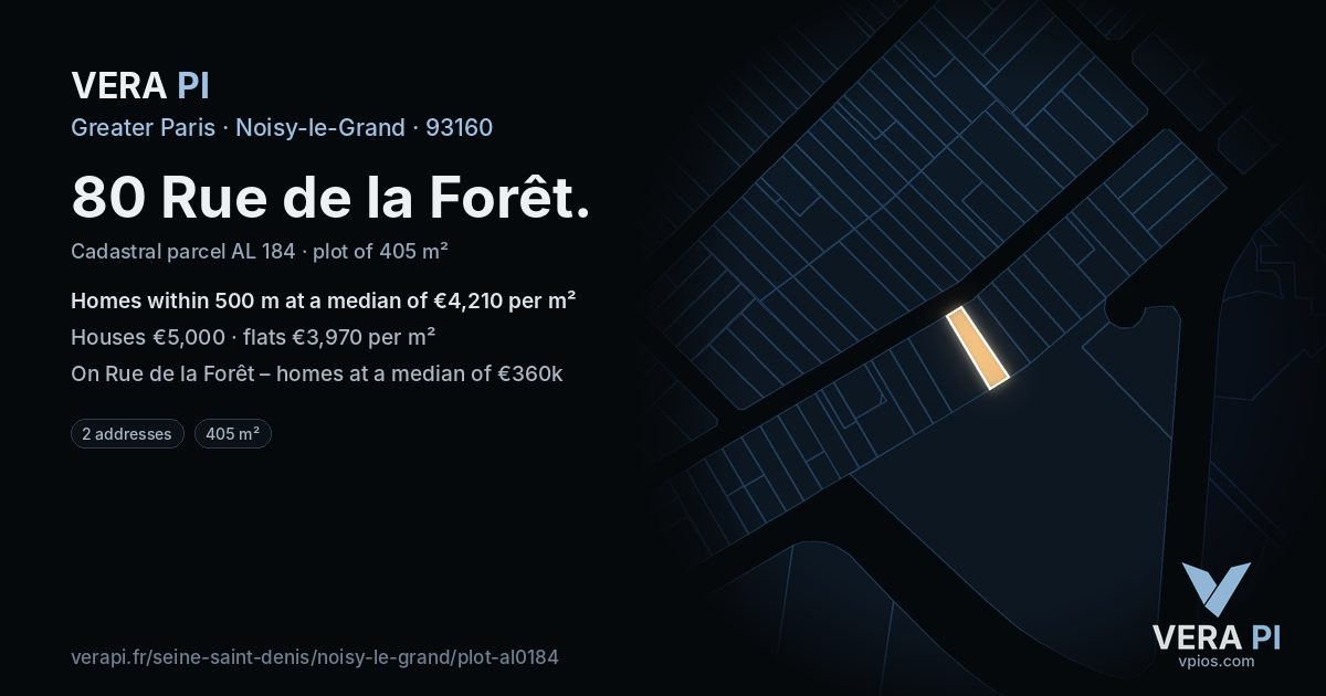 80 Rue de la Forêt, Noisy-le-Grand at night – the plot lit, the parcels around coloured by the prices near them