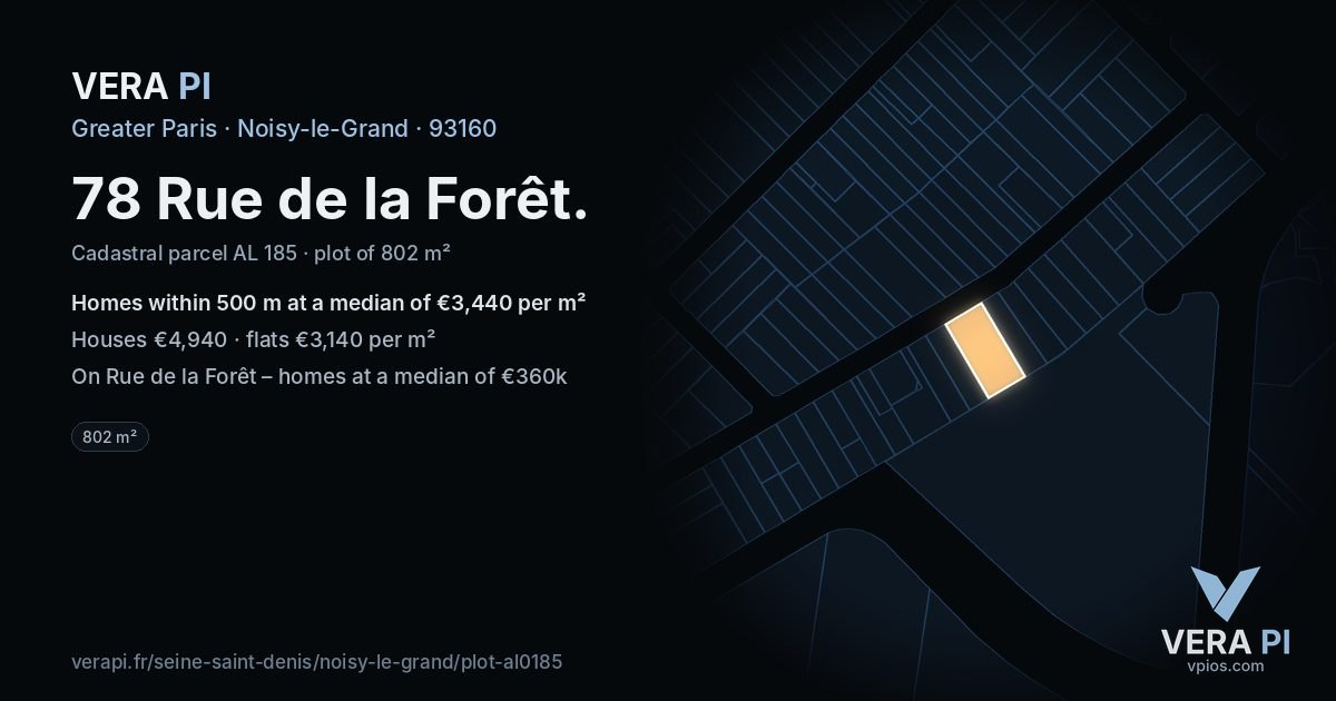 78 Rue de la Forêt, Noisy-le-Grand at night – the plot lit, the parcels around coloured by the prices near them