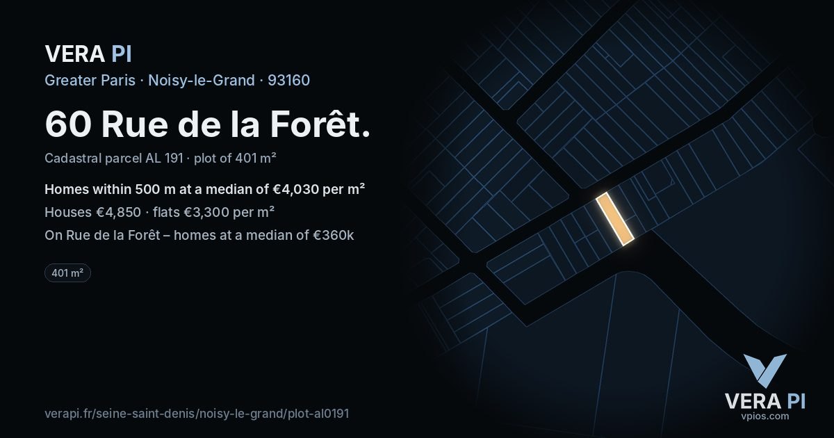 60 Rue de la Forêt, Noisy-le-Grand at night – the plot lit, the parcels around coloured by the prices near them