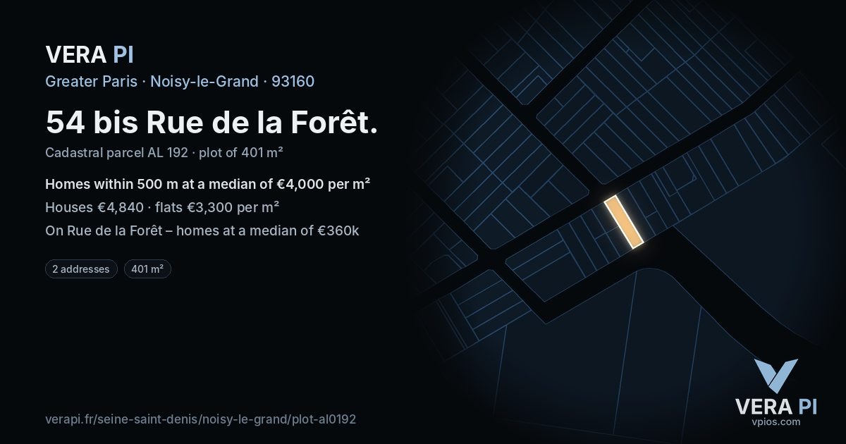 54 bis Rue de la Forêt, Noisy-le-Grand at night – the plot lit, the parcels around coloured by the prices near them